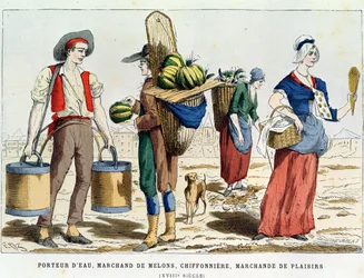 Wasserträger; Melonenverkäufer, Lumpensammlerin und Süßwarenverkäuferin im achtzehnten Jahrhundert, aus Costumes de Paris a Travers les Siecles, veröffentlicht 1887 (Farbstich)